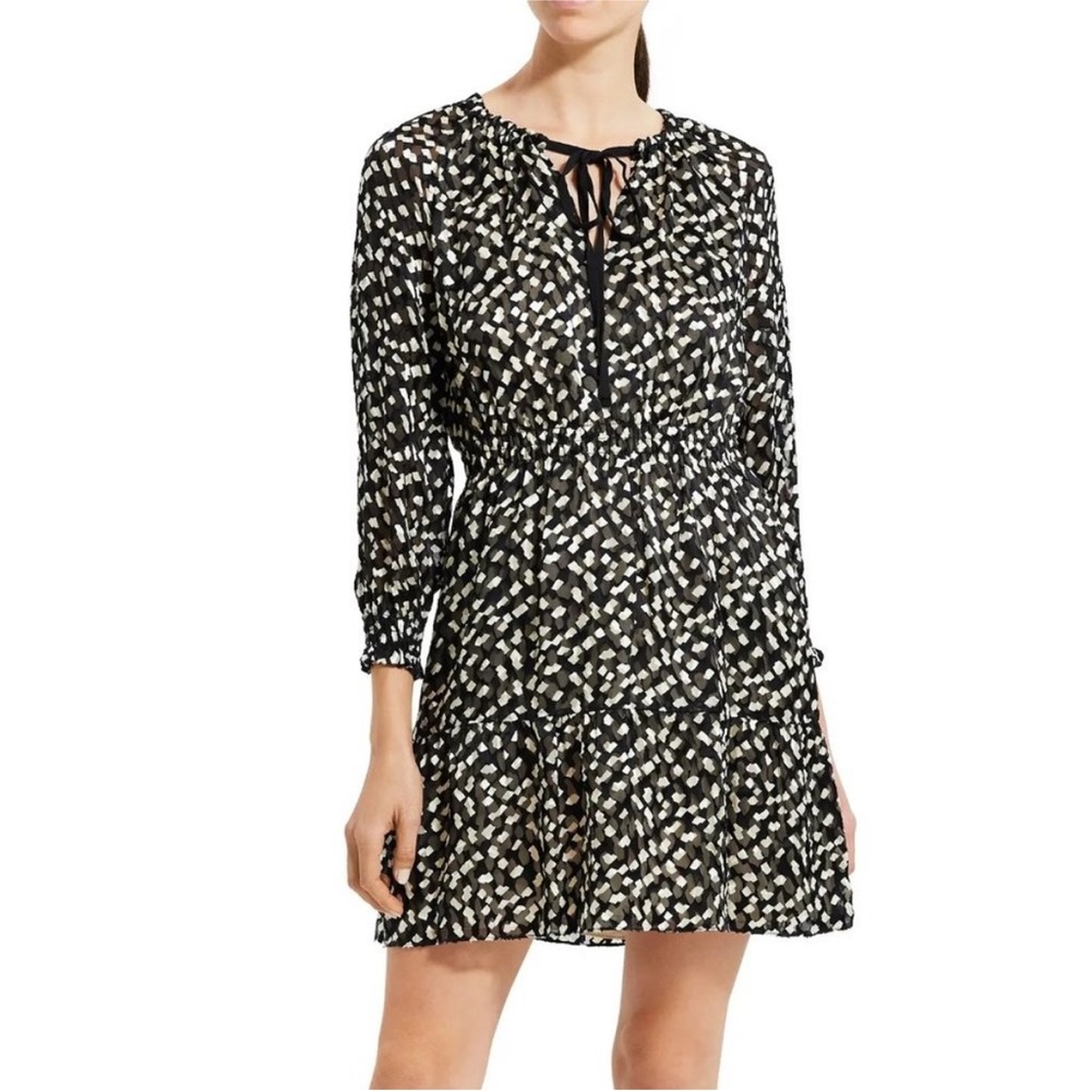 Theory Black Cream Silk & Rayon Blend Confetti Print Long Sleeve Mini Dress L